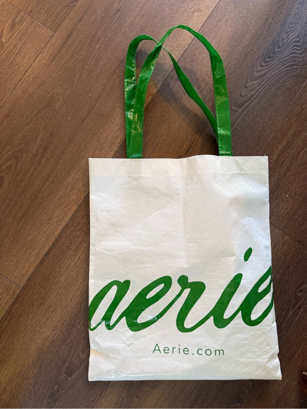 2 aerie White Tote with Green Script Logo and Green Handles